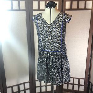 Mabel dress/ black  with blue, white, an yellow flowers/royal blue piping/ Med